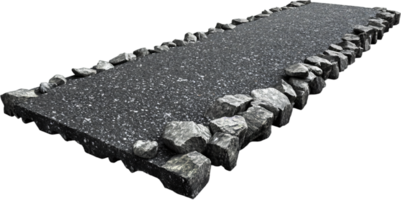 A paved pathway is bordered with natural gray stones. The paths dark surface contrasts with the stone borders creating visual interest. png