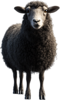 A striking portrait showcases a fluffy, dark sheep against a stark black backdrop, highlighting its textured fleece and gentle eyes. png