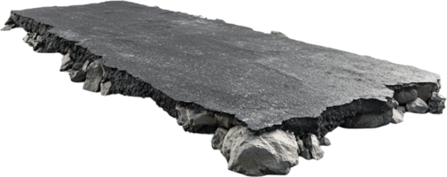 Section of asphalt road with visible layers of material underneath, edges are rough. It suggests infrastructure work or erosion. png