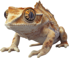 Close-up of a Crested Gecko with striking eyes and textured skin, showcasing its unique appearance and distinct reptile characteristics. png