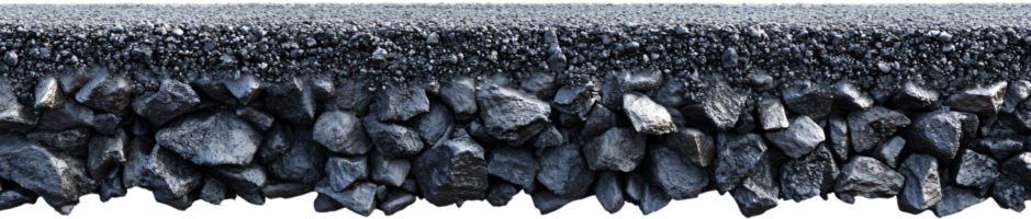 A cutaway view of road layers shows the asphalt surface above a substrate of crushed rock for drainage and structural support. png