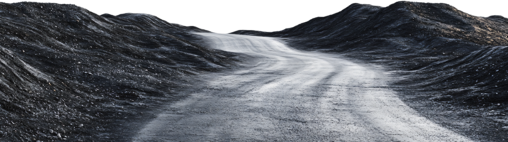 Winding road through a rugged landscape, emphasizing the contrast between the dark hills and the light grey road that leads into the unknown. png