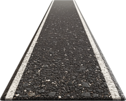 Perspective view of an asphalt road with a single white line marking one of the edges, disappearing into the distance against a black background. png