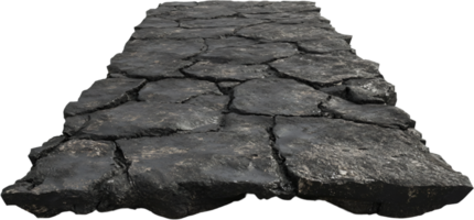 A dark stone pathway stretches forward with cracks dividing the irregularly shaped stones, isolated against a black backdrop creating an interesting sight. png