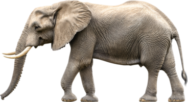 A majestic elephant captured in profile showcasing its wrinkled skin, large ears, and impressive tusks in crisp detail on a plain backdrop. png