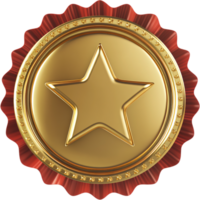 A shiny golden star medal or seal with a red ribbon. The star is centered in a gold coin with a fancy red edge, a symbol of quality. png
