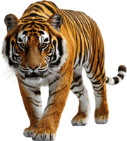 Tiger, Powerful predator with orange and black stripes, captured in a full-body shot, showcasing its majestic stance and fierce gaze. png