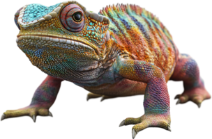 Close-up of a vibrant chameleon with striking colors and intricate skin patterns, showcasing its natural camouflage and unique features. png
