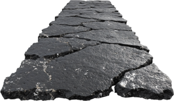Fragmented asphalt pathway. This surface is heavily fractured. Showing road damage. Leading towards an unknown destination. png