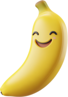 Cheerful banana character with a playful smile, rendered in 3D against a stark black background, radiating positivity and joy. png