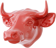 Red, glossy bull head statue with pronounced horns. It has a modern design and is set against a plain black backdrop. png