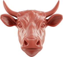 A realistic 3D model of a cow's head with its eyes, ears, horns, and nose is isolated against a black background, exhibiting smooth texture. png