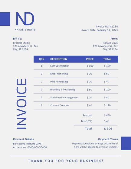 Blue Digital Marketing Freelancer Invoice Template