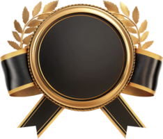 Golden laurel wreath frames a black circle, adorned with black and gold ribbons. A symbol of achievement and timeless elegance. png