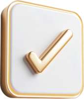Golden check mark on a white button with a golden border signifies approval, completion, or agreement. Glossy finish adds elegance. png