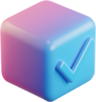A 3D rendered cube with a checkmark on its side, featuring gradient colors of pink and blue, conveying approval and digital confirmation. png