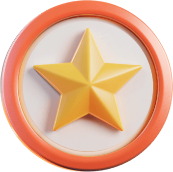 stilizzato oro stella icona su il giro bianca distintivo con un arancia telaio. moderno digitale design per App interfaccia, o ragnatela elemento. lucido finire. png