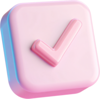 3D render of pink check mark on rounded square. Shiny and bright design element for confirmations, affirmations and verifications. png