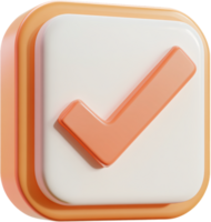 Three-dimensional rendering of a peach-colored check mark inside a white square with peach trim, symbol of approval and task completion. png