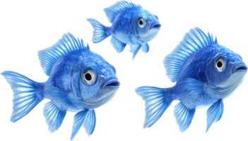 Three stylized blue fish swim against a black background, creating an eye-catching display of aquatic life in a simple and elegant style. png