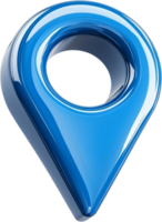A glossy blue location pin with a hole in the middle stands against a black backdrop, used in mapping and navigation apps for location png