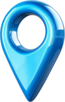 A glossy, translucent blue location pin floats against a stark black background, suggesting destinations, navigation, and modern technology. png