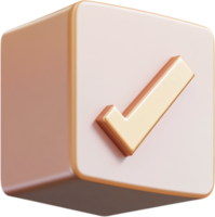 3D rendered image shows golden check mark on a cube with soft rounded edges, symbolizing approval and validation in modern visual design. png