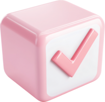 A pastel pink cube displays a checkmark symbol, suggesting task completion, affirmation, or positive validation. Glossy and modern design. png