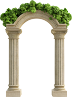 A stone archway supported by fluted columns is adorned with vibrant green plants, creating a blend of classical architecture and nature. png