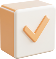 3D render of a white cube featuring a prominent orange check mark, symbolizing completion, approval, or successful task completion. png