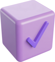 A purple block displaying a tick, signifying acceptance, completion, or confirmation, set against a dark background. Glossy, three dimensional. png