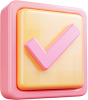 A glossy 3D render showcases a pink check mark icon centered on a square peach colored button, conveying approval and confirmation. png