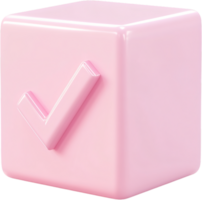 Pink cube with checkmark. Approval, confirmation or validation. The visual symbol of agreement and positive decision concept. png