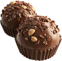 Two decadent chocolate truffles sit side-by-side, adorned with chocolate shavings and nuts, presented on a black background for contrast. png