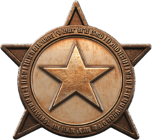 Detailed bronze badge featuring a central star within a circular frame, set against a dark background, showcasing intricate design details. png