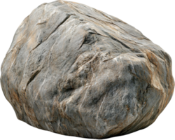 A rugged, grey rock with a textured surface, showcasing natural patterns and crevices against a stark, dark background. Isolated boulder. png