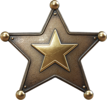 Metallic star badge with a golden star on a black background. The badge has a vintage and rustic look with rivets. png