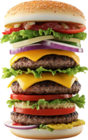 Stacked high, a delicious burger featuring multiple patties, cheese, and veggies that create an appealing, colorful visual. png