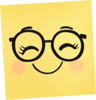Smiling face with closed eyes and round glasses on a yellow sticky note, radiating cheerfulness and a positive outlook. Happy mood concept. png