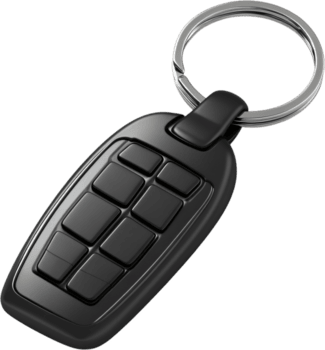 Sleek black key fob with multiple buttons and metal keyring on a dark background, ideal for automotive or security applications. png