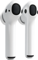 Close-up of a pair of modern white wireless earbuds, showing the speaker mesh and minimalist design against a plain background. png