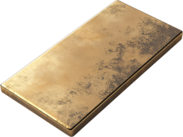 A slab of rectangular, brushed gold with dark areas of oxidation, showing signs of wear and age, isolated against a black background. png