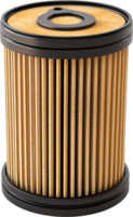 A cylindrical filter with a pleated tan core and black plastic top and bottom. Provides clean fluid for optimal performance. png