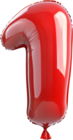 A vibrant, shiny red foil balloon in the shape of the number one is isolated against a stark black background. A festive decoration. png
