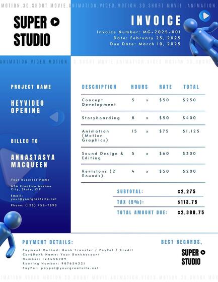 Blue 3D Creative Motion Invoice for Motion Designer Studio