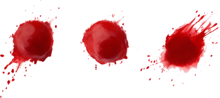 Three dynamic splatters of vibrant red liquid, artistically frozen in motion, contrast sharply against a stark black backdrop. A dramatic visual. png