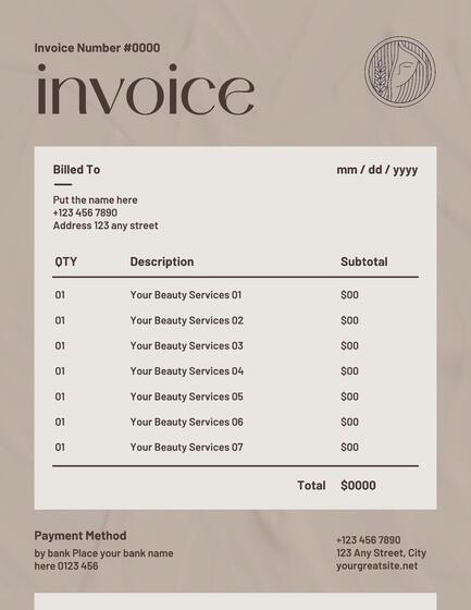 Beige Beauty Clinic Services Invoice