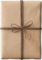 A rectangular gift wrapped in brown paper and tied with twine, presents a natural and rustic look. The simple bow adds a touch of charm. png