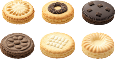 An overhead shot shows an assortment of six assorted cookies, featuring diverse decorations and crust variations, all arranged in a visually balanced composition. png