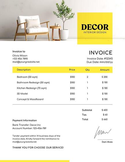 Yellow Interior Design Invoice Template